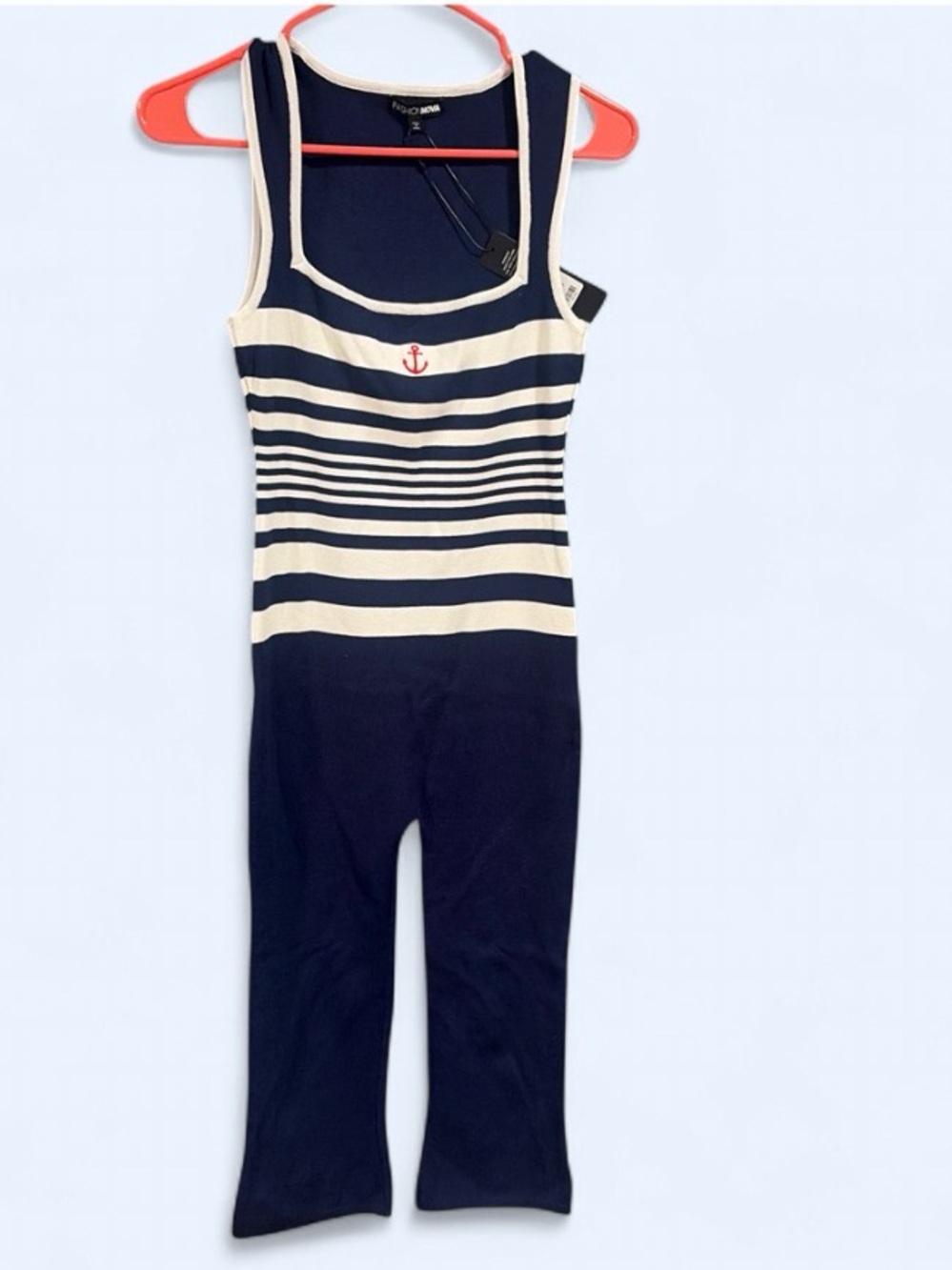 Navy & Cream Striped Nautical Jumpsuit with Anchor